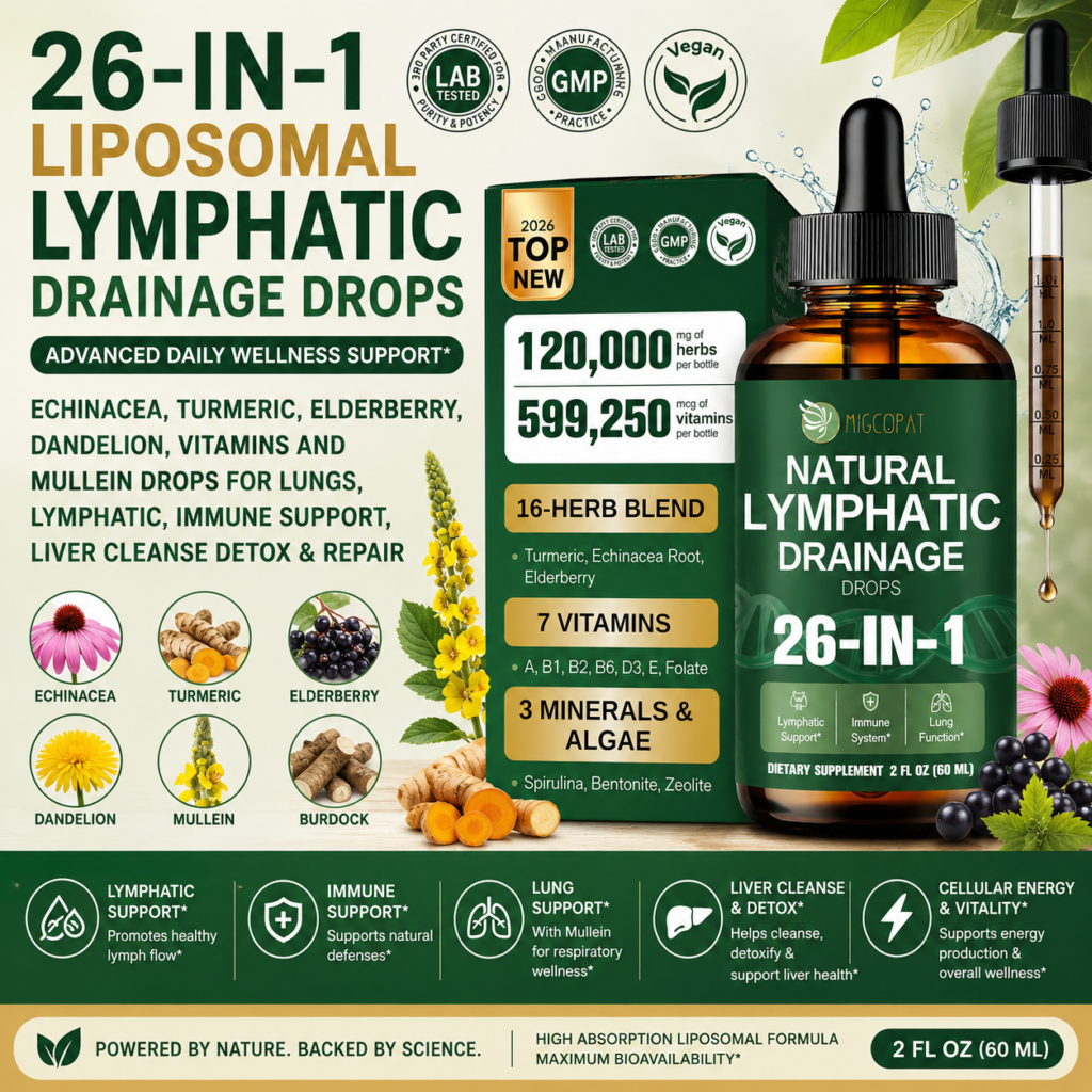 Amazon 26-in-1 Liposomal Lymphatic Drainage Drops, Echinacea, Turmeric, Elderberry, Dandelion, Vitamins and Mullein Drops for Lungs, Lymphatic, Immune Support, Liver Cleanse Detox & Repair, 2 fl oz - Reviews and Buying Guide