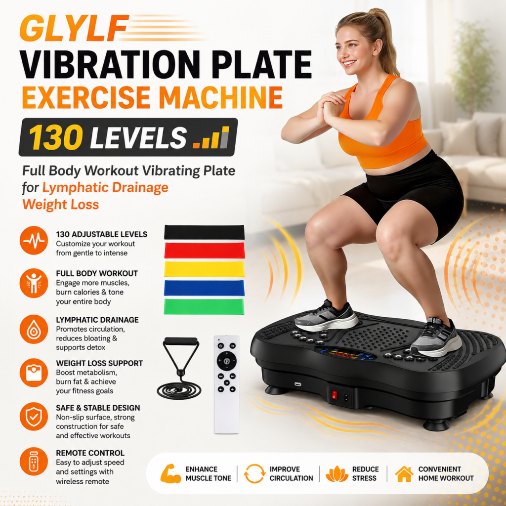 Amazon GLYLF Vibration Plate Exercise Machine, 130 Levels Full Body Workout Vibrating Plate for Lymphatic Drainage Weight Loss, 450 Lbs Capacity Shake Platform with Resistance Bands Bluetooth for Women Men - Reviews and Buying Guide