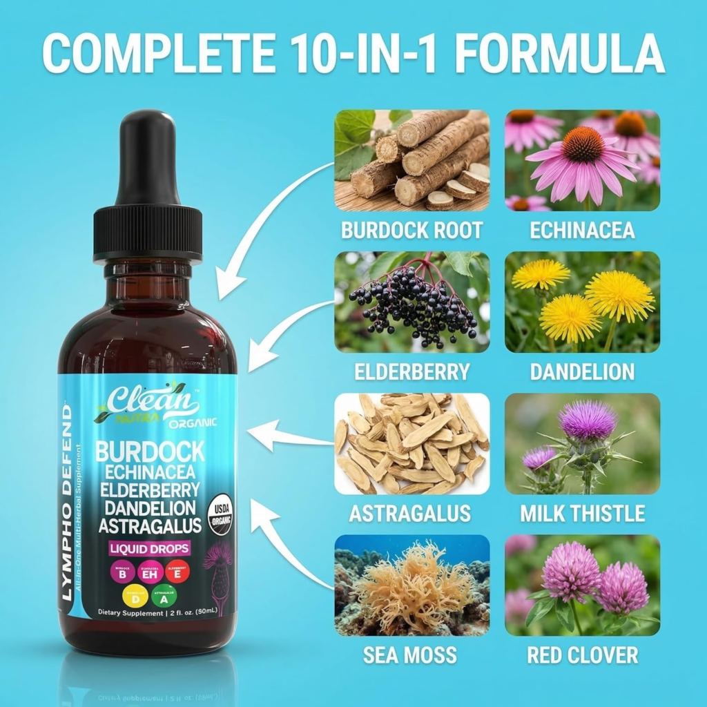 Amazon Organic Lymphatic Drainage Supplement | Lymphatic Support Drops | Burdock Root Echinacea Elderberry Dandelion Astragalus Milk Thistle Sea Moss Red Clover Cleanse Marigold Drop By Clean Nutra - Honest Review and Buying Guide