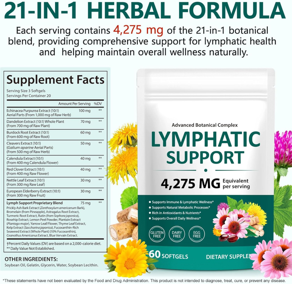 Amazon Lymphatic Drainage Supplements, 4275mg Herbal Blend for Immune and Fluid Health for Men Women,with Dandelion, Burdock Root, Echinacea, Turmeric, 60 Softgels for Lymph System Balance - Reviews and Buying Guide