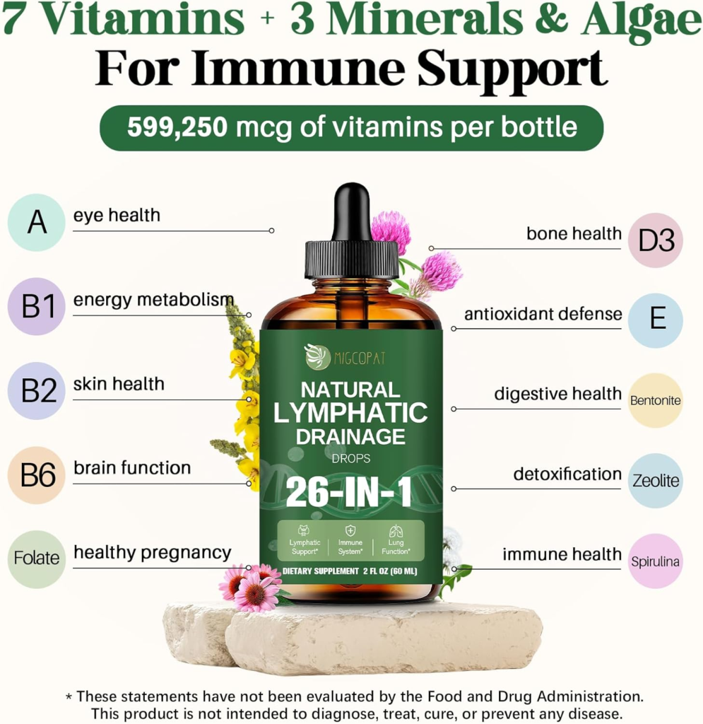 Amazon 26-in-1 Liposomal Lymphatic Drainage Drops, Echinacea, Turmeric, Elderberry, Dandelion, Vitamins and Mullein Drops for Lungs, Lymphatic, Immune Support, Liver Cleanse Detox & Repair, 2 fl oz - Reviews and Buying Guide